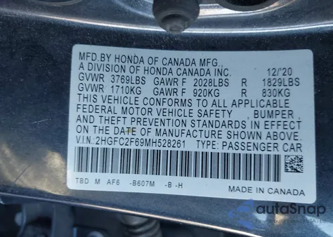 2021 Honda Civic Lx z USA, uszkodzony, nr VIN 2HGFC2F69MH528261